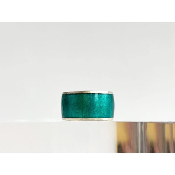 Turquoise Enamel Cigar Style Band Vintage Sterling Silver Ring - sz 7.25 - Picture 7 of 10